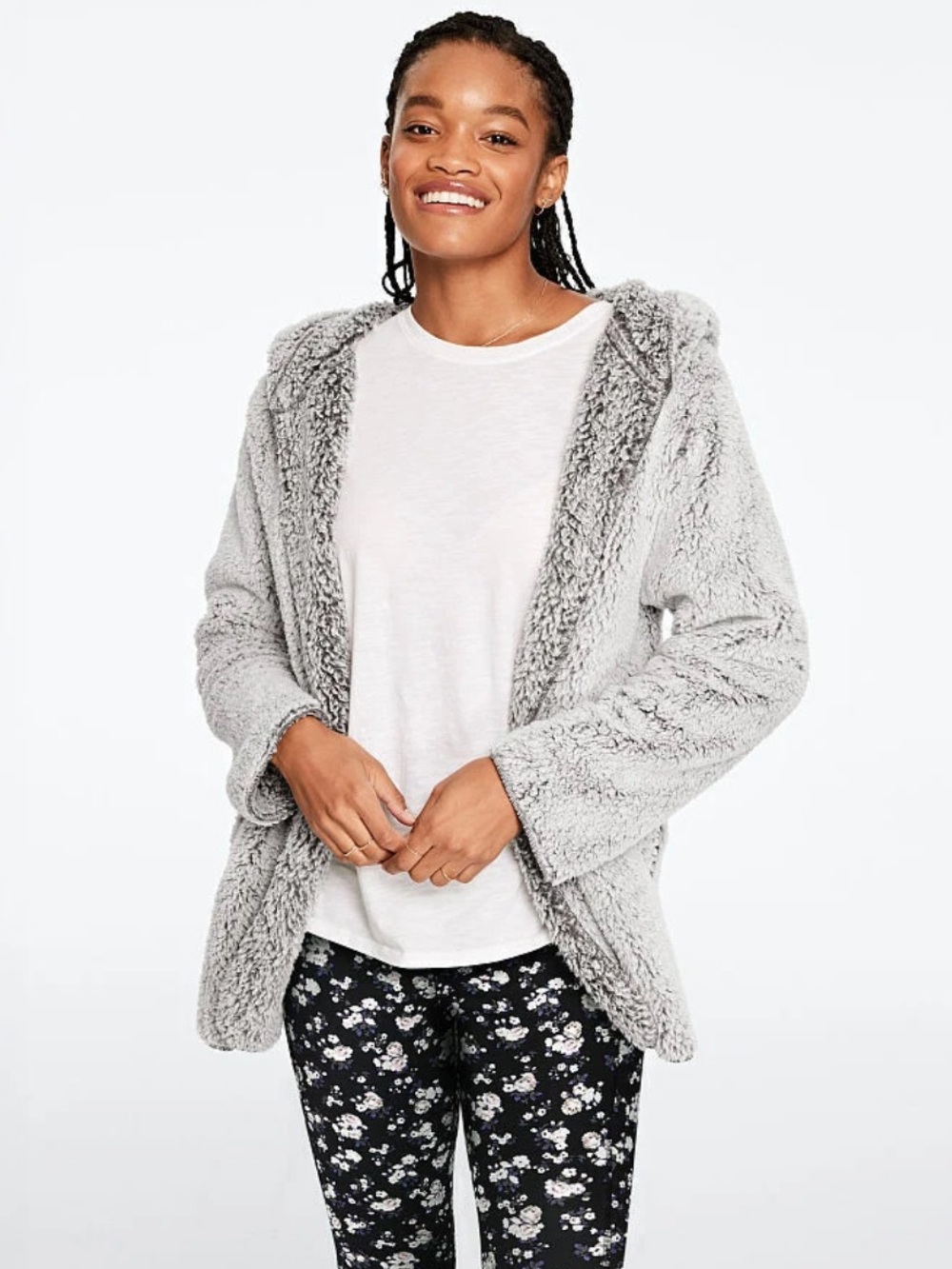 VS PINK Gray Sherpa Fleece Hooded Teddy Cardigan Jacket Cozy Soft Warm OS